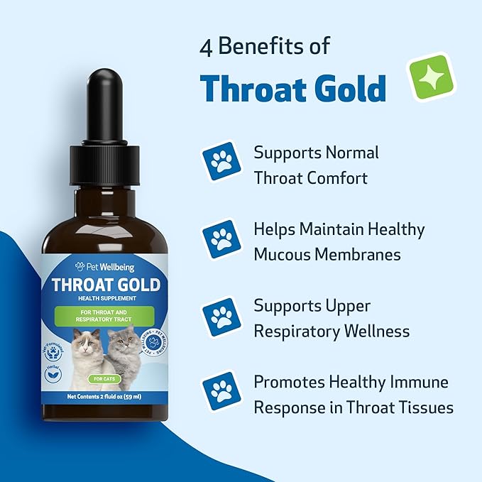 Pet Wellbeing Throat Gold for Cats - Cat Respiratory Support, Occasional Cough & Hoarseness, Licorice, Mullein, Slippery Elm - Vet-Formulated Holistic Supplement - 2oz (59 ml)