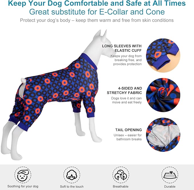 LovinPet Dog Pjs for Extra Large Dogs Anti Licking Anxiety Calming Big Dog Pajamas,Lightweight Stretchy Fabric,Ring Print,Jammies for Large Dogs,Pitbull Party Clothes,Big Dog Costume,Medium