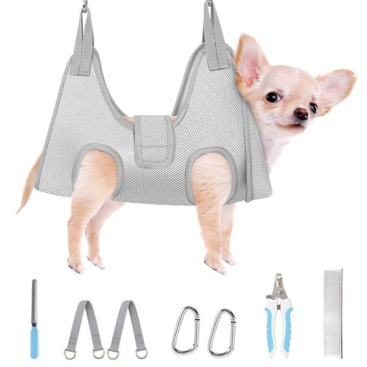 Supet Dog Grooming Hammock for Small Dogs, Dog Hanging Harness for Nail Trimming Doorframe, Pet Holder Restraint for Clipping Nails, Pet Hoist Sling for Cutting Nails at Home (Grey 2XS)