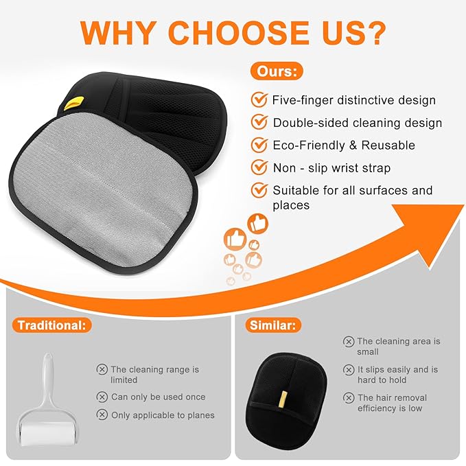 3Pcs Pet Hair Removal Glove, Five-Finger Electrostatic Pet Hair Remover Glove, Reusable and Bidirectional Cleaning Magic Brush Pet Hair for Bed, Clothing, Sofa Carpet, Car Seat