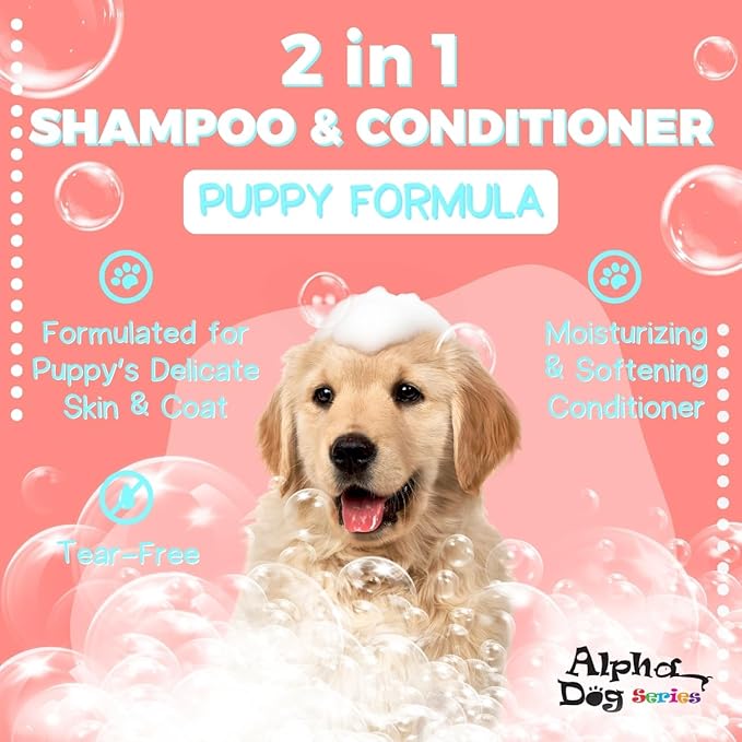 Alpha Dog Series Natural Puppy Shampoo and Conditioner Tear Free with Aloe Vera, pH-Balanced Shampoo for Puppies, Tearless Dog Shampoo and Conditioner, Puppy Wash Sensitive Skin 26.4 Oz (6 Pack)