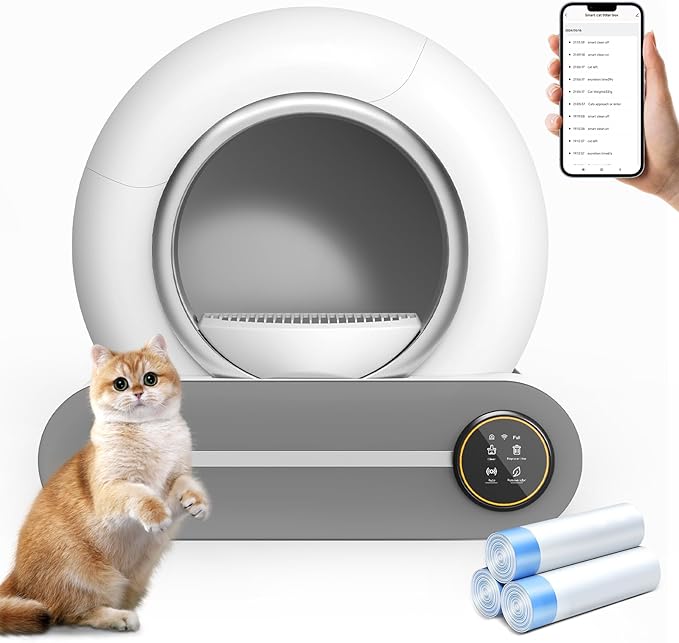 Self Cleaning Cat Litter Box, 65L+ 9 L Extra Large Robot Automatic Litter Box for Multiple Cats, APP Control, Deodorization & Negative ion Sterilization with cat litters Boxes Bags,[White]