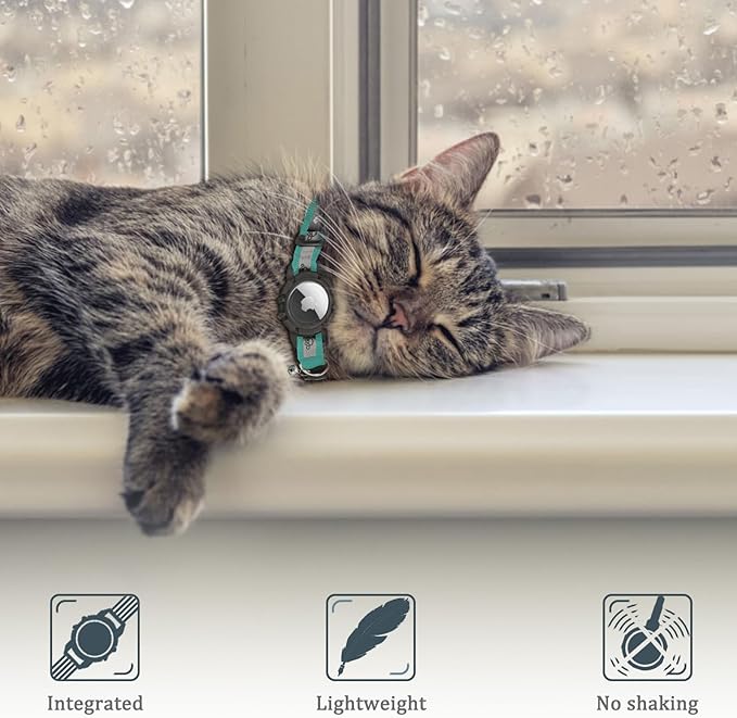 Reflective AirTag Cat Collar, Integrated Cat Tracker Collar with Air Tag Holder and Bell, Safety Elastic Band Cat GPS Collars for Girl Boy Cats, Kittens and Puppies (Green,S)