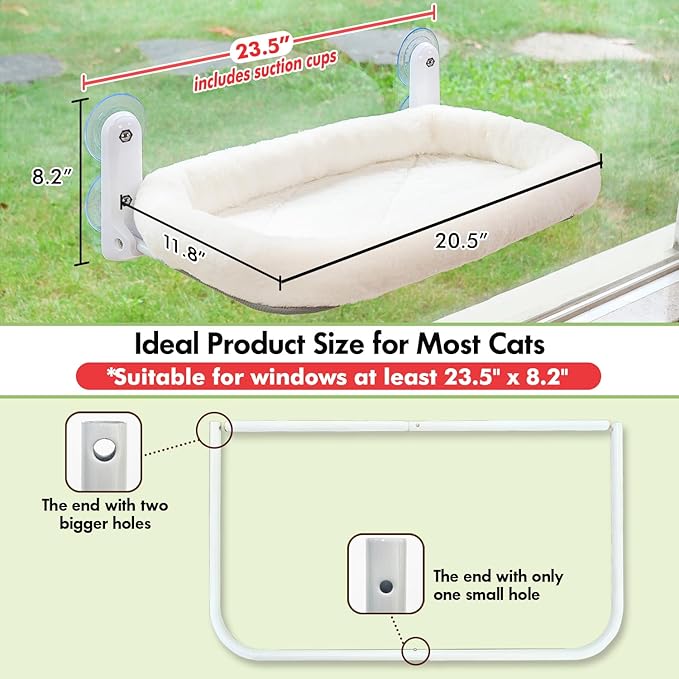 Cat Window Perch, Cordless Cat Hammock Window Seat with Cozy Pad Bed Cover for Indoor Cats, Durable Metal Frame Support Pet Bed with 4 Suction Cups for Large Cats (Cushion Pad Bed - White)