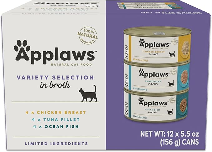 Applaws Natural Wet Cat Food in Broth, Limited and Natural Ingredients, High Protein with No Artificial Additives, Variety Pack in Broth (12 x 5.5oz Cans)