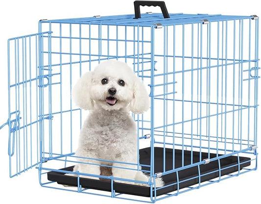 FDW Dog Crate for Small Dogs 18 Inch Folding Metal Wire Pet Cage Single Door W/Divider Panel Indoor Outdoor Kennel Leak-Proof Plastic Tray,Blue