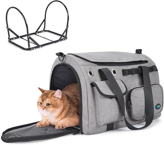 Ownpets Airline Approved Large Cat Carrier - Fits Most Airlines, Foldable Pet Travel Carrier with Metal Frame, Waterproof for Medium Big Cats 20 lbs+ & 2 Kittens/Puppies, Grey (17.7"x11.8"x12.2")