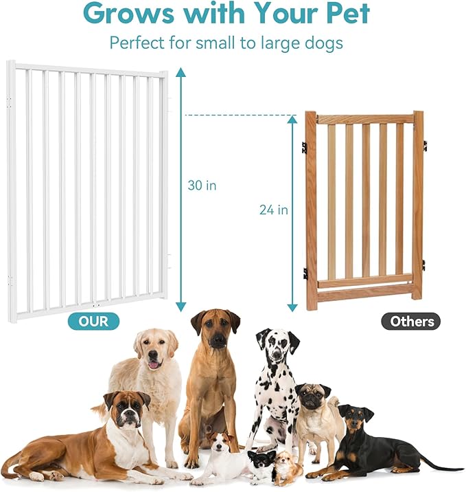 No Pawblems Free Standing Dog Gate with Door, 30'' Tall Foldable Dog Fence for Indoor & Outdoor, Up to 104" Extra Wide Puppy Gate for Stairs, Hallways, Doorways, Deck, Yard (Wood Pattern, 4 Panels)