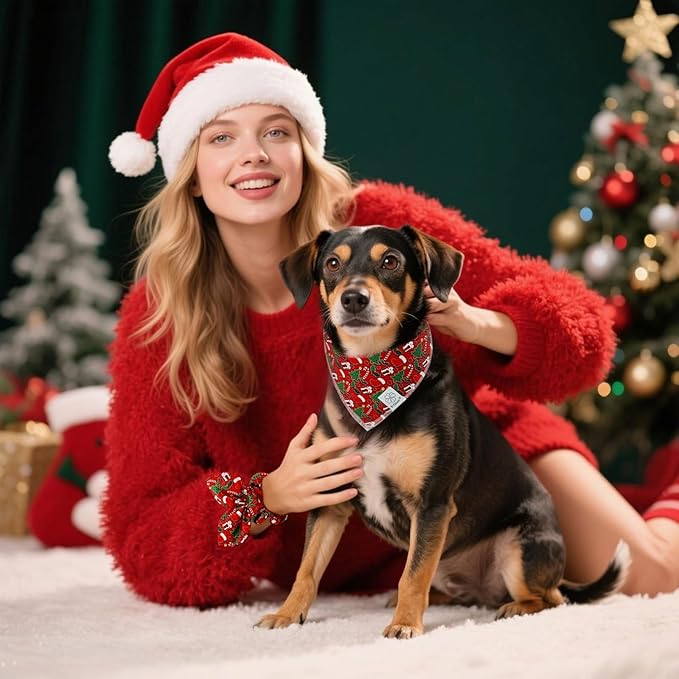 E-Clover Christmas Dog Bandanas & Matching Scrunchie Set Green Red Dog Scarf Bibs Pet Bandana with Bow Tie for Medium Large Dogs Owner Mom Winter