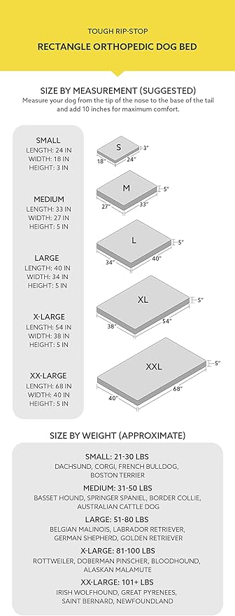K9 Ballistics Tough Ripstop Orthopedic Rectangle Dog Bed Removable Washable Cover, Solid Orthopedic Foam for Size XL X-Large Dogs 54"x38", Sandstone
