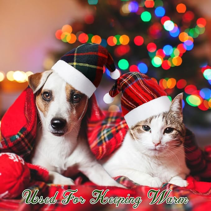 Svee 8 Pieces Christmas Santa Hats for Dog Cat with Adjustable Chin Strap Holiday Party Cute Costumes for Puppy Kitten Small Dogs and Cats Winter Party Dress up Props Supplies Gifts(Plaid)