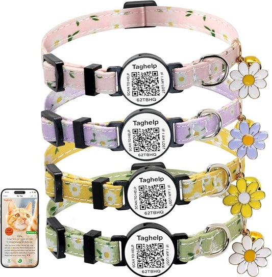 Cute Flower Cat Collar with QR Code ID, 4-Pack Safety Breakaway Kitten Collars Set with Bell, Adjustable Gift for Cat Lovers