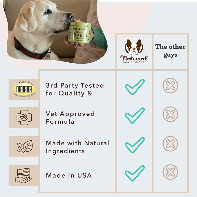 Natural Dog Company Hip & Joint Chews, Chicken Liver & Turmeric Flavor, with Glucosamine Chondroitin for Dogs, Maintains Bone and Joint Health, Supplements for Seniors and Puppies, 90 Count