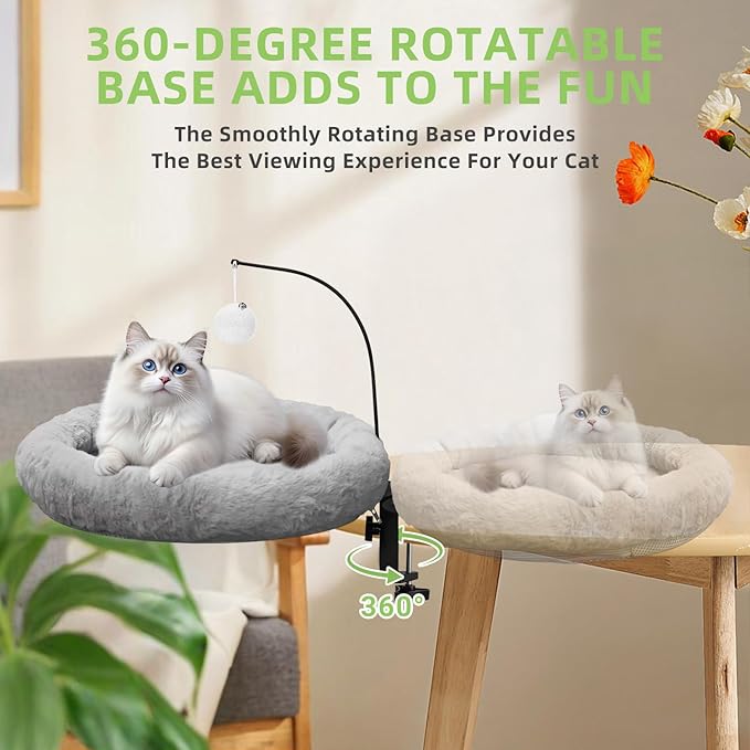 Cat Desk Bed - Hanging Plush Ball Design, 360° Rotating Round Cats Bed, Can Bear 50 Pounds, Soft Faux Rabbit Fur Material, Cat Hammock are Suitable for Various Desktops