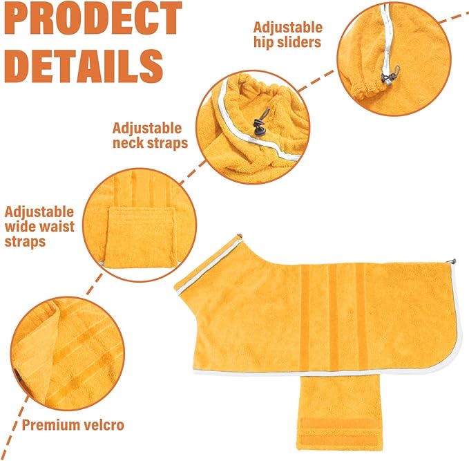 Dog Robe - Fast Drying Towel - Microfiber Super Absorbent Pet Bathrobe, Adjustable Collar & Belly Strap (Yellow, XXX-Large)