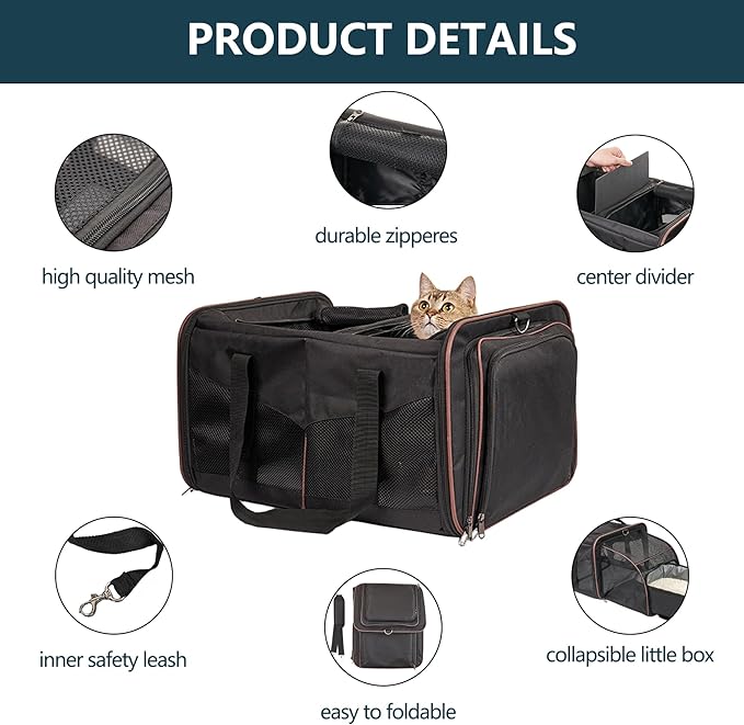 Cat Carrier for 2 Cats - Portable Dual Cat Travel Carrier Bag for Traveling, INRLKIT Cat Carrier with Litter Box, Portable Double Cat Travel Carrier for Camping (Black)