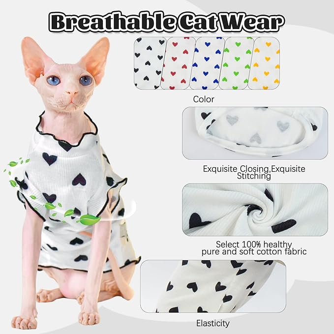 DENTRUN Heart Pattern Sphynx Hairless Cats Shirt, Kitten T-Shirts with Perlin Sleeves, Breathable Cat Wear Cute Sweater Adorable Hairless Cat's Clothes Vest Pajamas Jumpsuit