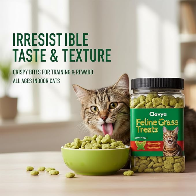 Feline Grass Treats, Cat Grass Treats for Indoor Cats, Lickable Cat Treat Hairball Control, Crunchy Training Biscuits for Cats Supports Skin & Coat