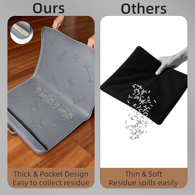 Silicone Cat Litter Mat with Collection Pocket, 42" x 28" Large Cat Litter Box Mat Waterproof Anti-Slip Litter Trapping Mat with Edge and Handle Pet Placemat for Floors (Dark Grey)