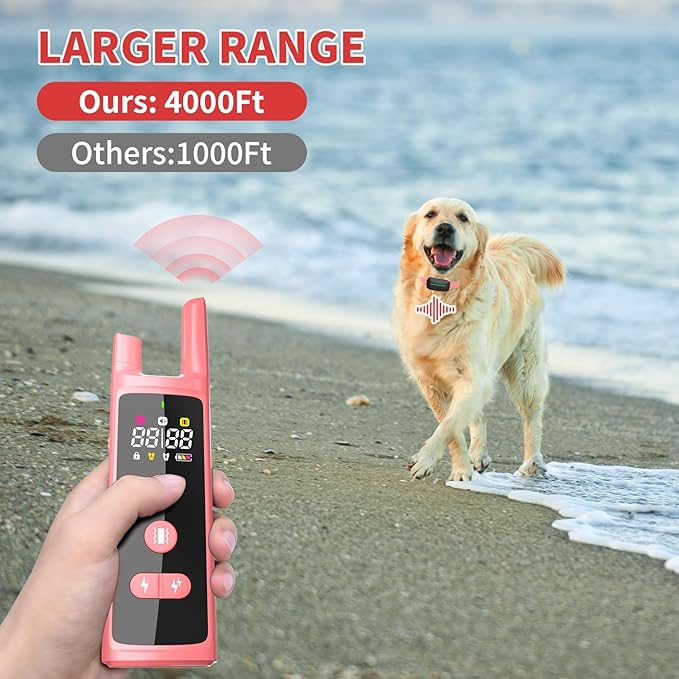 Dog Training Shock Collar 4000FT Dog Bark Collar with Remote IP67 Waterproof 4 Training Modes Beep Vibration Shock Light Mode Magnetic Charger Electric Dogs Collar 8-25 inches Double Shock Rose Bloom