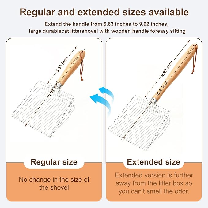 Premium Cat Litter Scoop with Ergonomic Beech Wood Handle - Stainless Steel Sifter with Hook & Hole for Easy Cleaning, Durable & Odor-Free (Steel Wire)