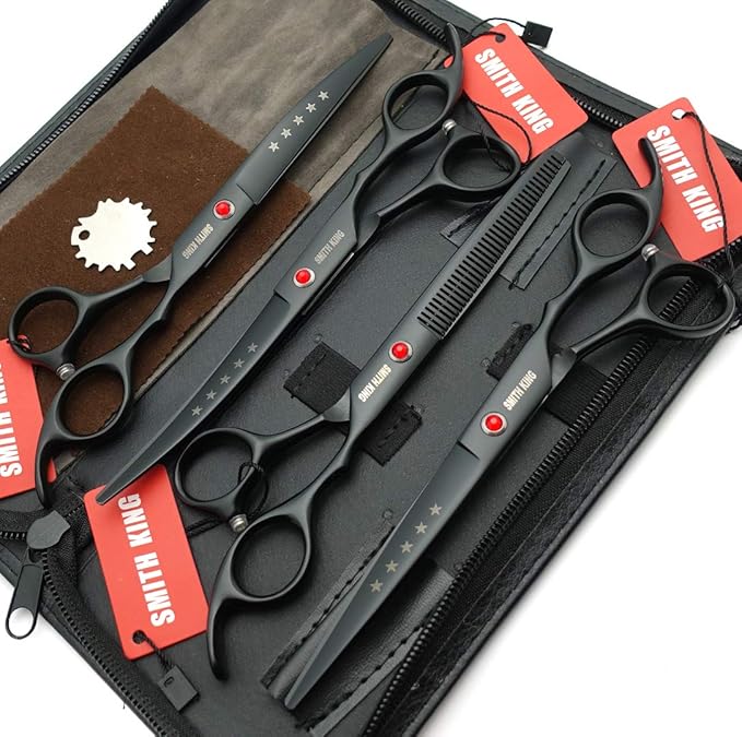 7.0in Professional Pet Grooming Scissors set,Straight & Thinning & Curved scissors 4pcs set for Dog grooming (Matt Black)