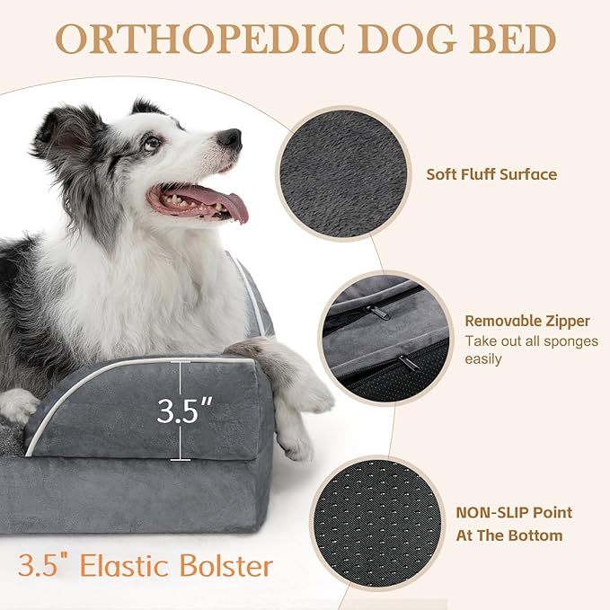 Comfort Expression Orthopedic Dog Bed for Medium Dogs 28x19 Inch, Waterproof Supportive Egg Crate Foam Medium Pet Bed with Removable Bolster, Dog Couch with Washable Cover & Non-Slip Bottom, Dark Grey