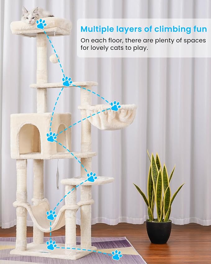 Hey-brother Cat Tree with Large Hammock, Multi-Level Cat Tower for Indoor Cats, Cat Condo with Sisal-Covered Scratching Posts and Top Perch, Beige MPJ050M