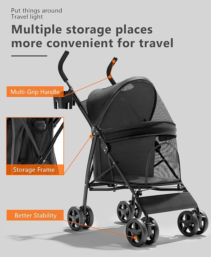 Pet Stroller with 4 Wheels for Small/Medium Pets, Portable Travel Foldable Carrier Jogger for Dog Cat Puppy Kitty, Rear Wheel Breaks, Storage Basket, Visible Mesh with Weather Cover (Black)