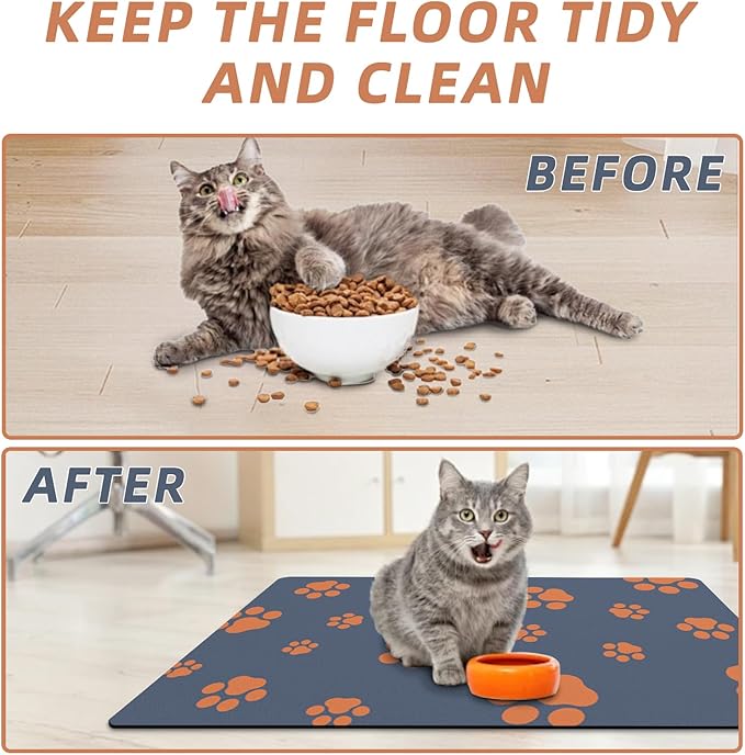 18"×30" Dog Food Mat-Absorbent Dog Mat for Food and Water, No Stains Quick Dry Cat Dog Food Bowl Mat Non Skid Dog Feeding Mat with Footprints for Messy Drinkers Blue