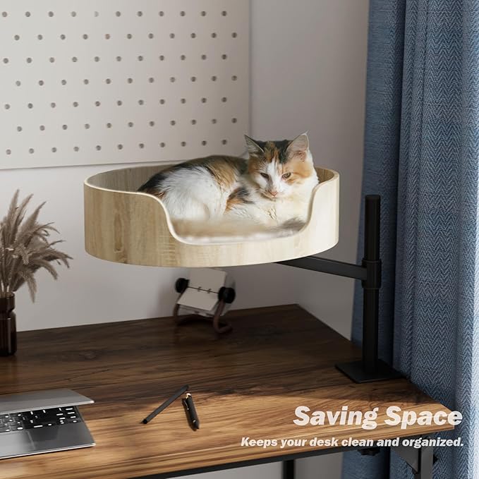 Large cat Desk Bed Side Table Hammock,Space-Saving 360°Rotating & Adjustable Shelf Elevated cat Bed for Desk Mount