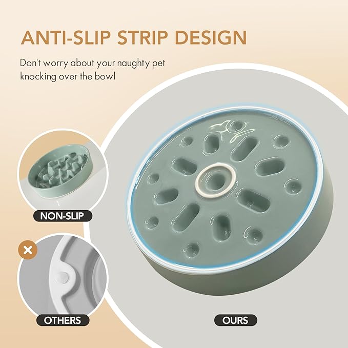 Ceramic Raised Slow Feeder Dog Bowl Set, Elevated 8.2inch Bowl and 9.5inch Slow Pet Food Dish with Wooden Stand for Large Dog (2 x Light Green+ Stand)