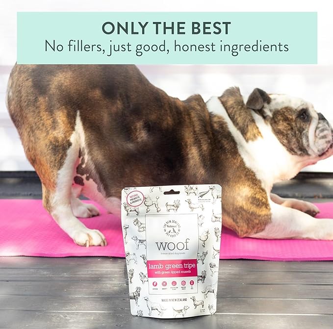 WOOF Lamb Green Tripe Freeze Dried Raw Dog Treats with Added New Zealand Green Mussel - High Protein, Natural, Limited Ingredient Topper or Treat 1.76 oz
