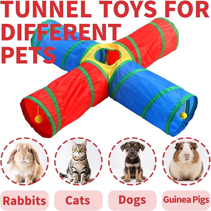 Pet Cat Tunnel, 4 Way Tunnels for Indoor Cats, Collapsible Pet Tunnel for Kitten, Puppy, Rabbit, 25cm-Wide Tunnels, Durable & Breathable, with Peek Hole Toy Ball