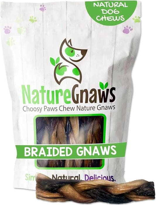 Nature Gnaws Braided Gnaws for Dogs 5-6" (12 Count) - Long Lasting for Small and Medium Dogs - Natural Beef Bully Stick Combo Braids - Rawhide Free