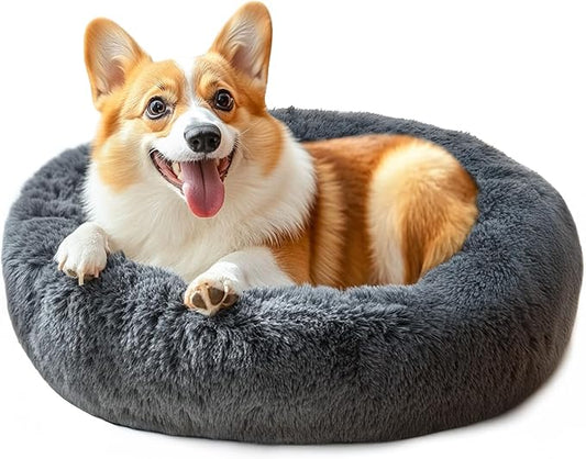 28in Large Dog Bed, Medium Size Dog and Cats, Calming Donut Bed for Puppy and Kitten, Washable Round Fluffy Pet Bed (Dark Grey)