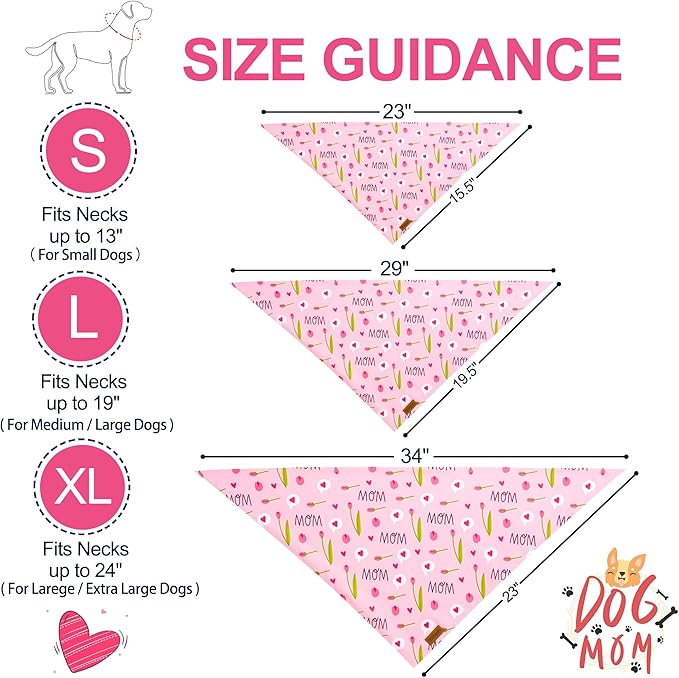 Mothers Day Dog Bandanas - 2 Pack Reversible Super Mom Pet Scarf for Boy and Girl | Premium Durable Fabric | Triangle I Love My Mom Bandana for Small Medium Large and Extra Large Dogs (Large)