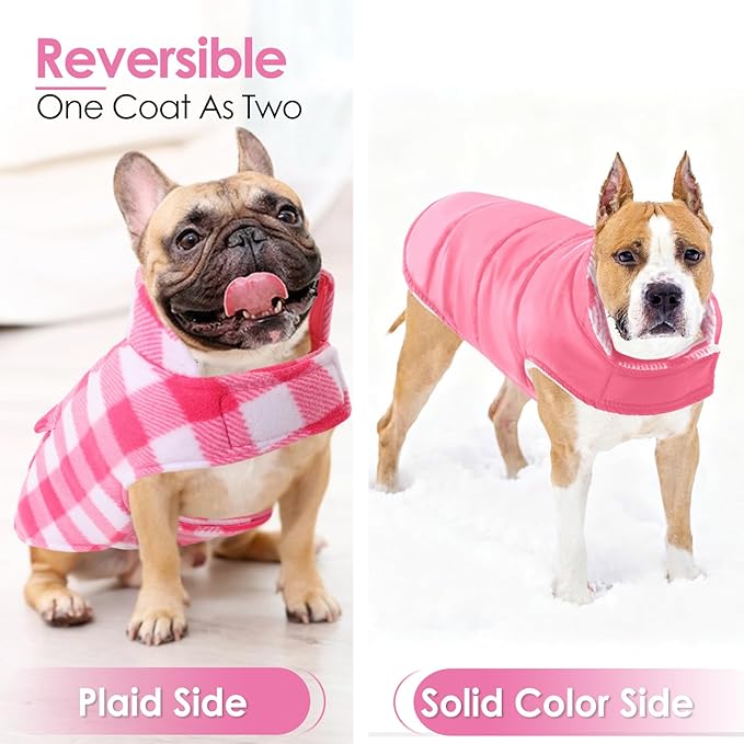 AOFITEE Dog Coat Plaid Dog Winter Coat for Large Dogs, Warm Dogs Jacket Christmas Sweater, Waterproof Pet Puffer Jacket, Reversible Pet Cold Weather Coats for Small Medium Large Pets, Pink XL