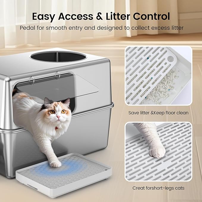 Stainless Steel Litter Box with Lid, Enclosed Metal with High Sides, Large Cat Litter Box, Dog-Proof, Odor Control, Easy to Clean,Durable with Round Edge (Offset Opening)