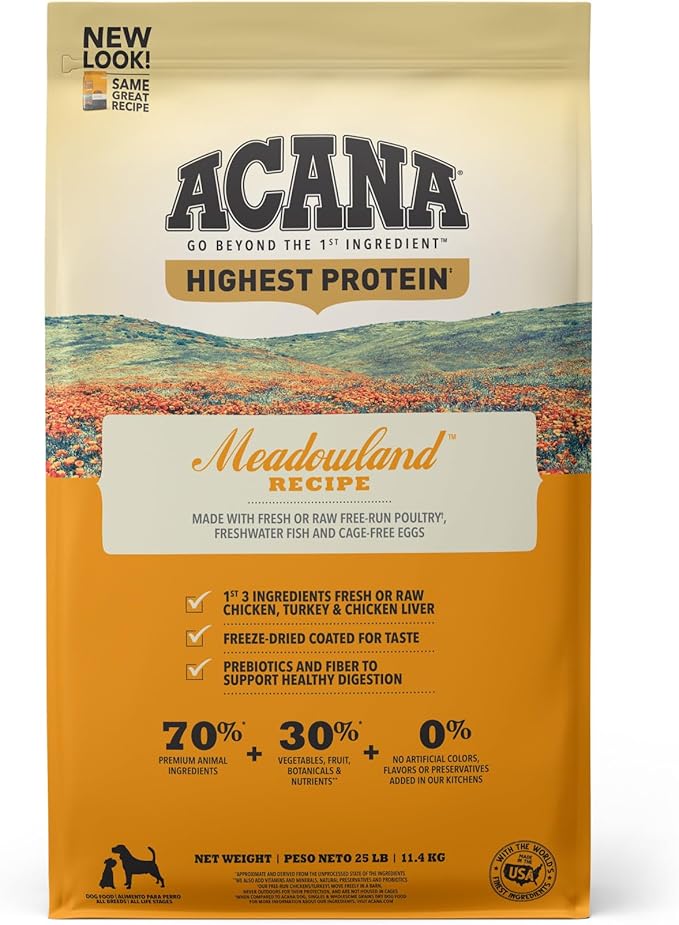 ACANA Highest Protein Grain Free Dry Dog Food Meadowland Recipe 25lb Bag