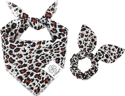 E-Clover Dog Bandanas Boy & Matching Scrunchie Set Leopard Dog Bandana Bibs Washable Kerchief Scarf for Medium Large Dogs & Owner