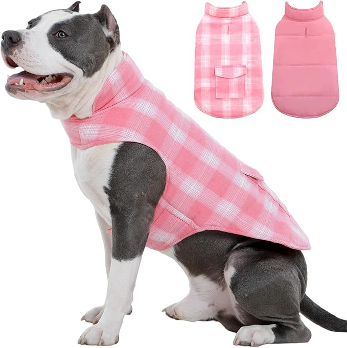 Kuoser Reversible Winter Coat, British Style Jacket for Medium and Large Dogs - Warm Windproof Puppy Cold Weather Clothes Vest, Pink L