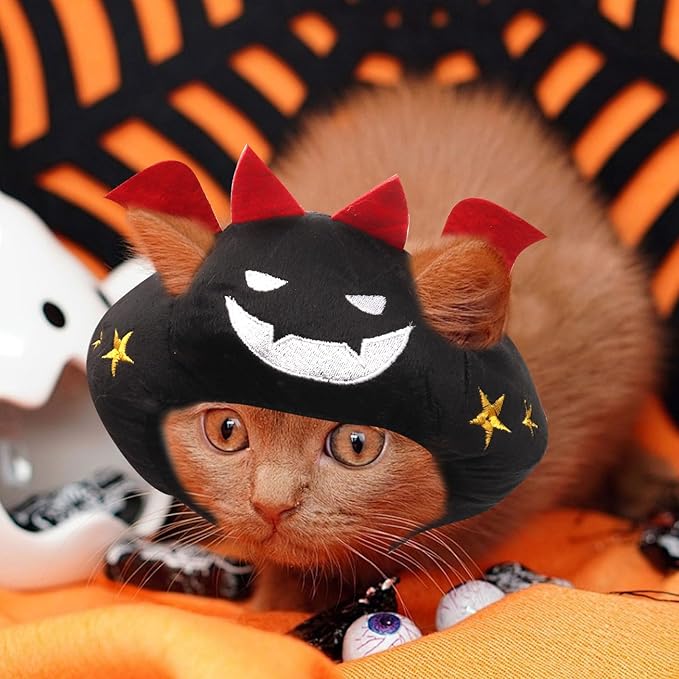 ABTOLS Halloween Dog Cat Bat Shape Hat, Adjustable Soft Small Pet Black Bat Cap Headwear for Puppy Dogs Kittens Halloween Festival Cosplay Costume Accessory Headgear