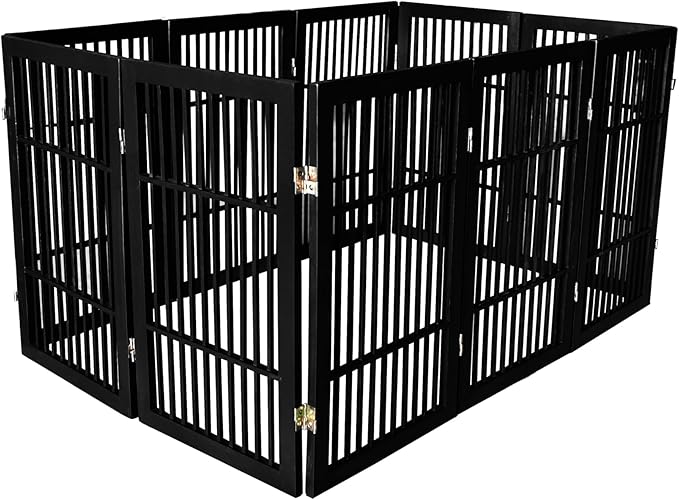 Pet Dog Gate Strong and Durable Freestanding Folding Acacia Hardwood Portable Wooden Fence Indoors or Outdoors by Urnporium (Black Pet Gate, 10 Panel 30" Tall)