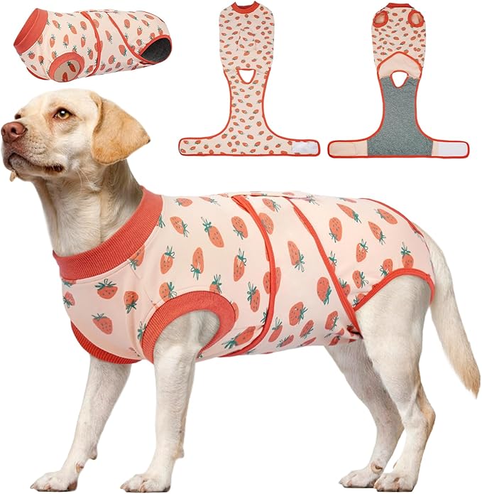 Kuoser Dog Recovery Suit for Female Male Dogs, Post-Surgery Bodysuit for Spay Neuter, Dog Onesie After Surgery, Anti-Licking Pet Surgical Recovery Suit, PinkStrawberry XL