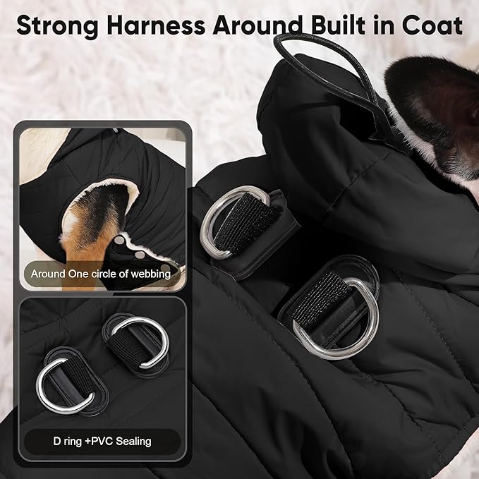 Fleece Lining Dog Hoodie with Harness Built in,Extra Warm Small Dog Jacket in Winter Puppy Coats with Drawstring Hooded,Black M