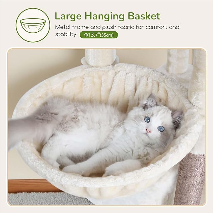Globlazer Large Cat Tree Tower, Tall Cat Tree Condos for Indoor Cats Large Adult Cat Climbing Tower with 2 Spacious Caves, Oversized Top Perch, Big Hanging Basket, Cat Teaser Wand, F74B, Beige