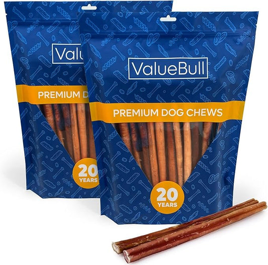 ValueBull Bully Sticks for Dogs, Thick 12 Inch, 50 Count - All Natural, Grass Fed, Single Ingredient, Long Lasting Dog Treats