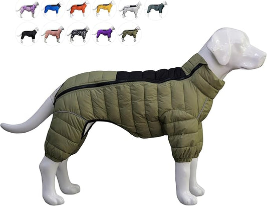 lovelonglong Dog Coat Dog Warm Jacket, 4 Legs Covered Waterproof Windproof Reflective Warm Dog Vest, Zippered Adjustable Outdoor Dog Snow Jacket for Small Medium Large Dogs Olive Green M