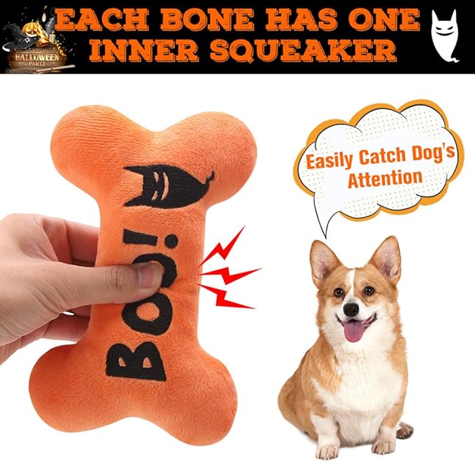 SCENEREAL Halloween Dog Toy for Small Medium Large Sized Dogs- 4Pack Plush Dog Squeaky Toys, Interactive Bone Dog Toys, Puppy Chew Toys for Indoor Outdoor Training